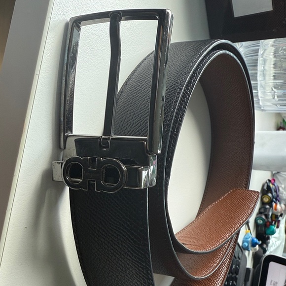 Ferragamo Black Belt with Silver Buckle. 46inch - Picture 1 of 5
